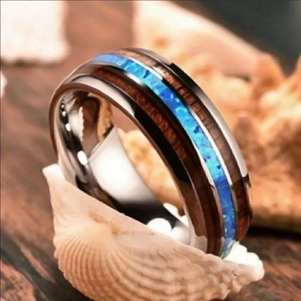 Unisex Tungsten Hawaiian KOA Wood Abalone Ring